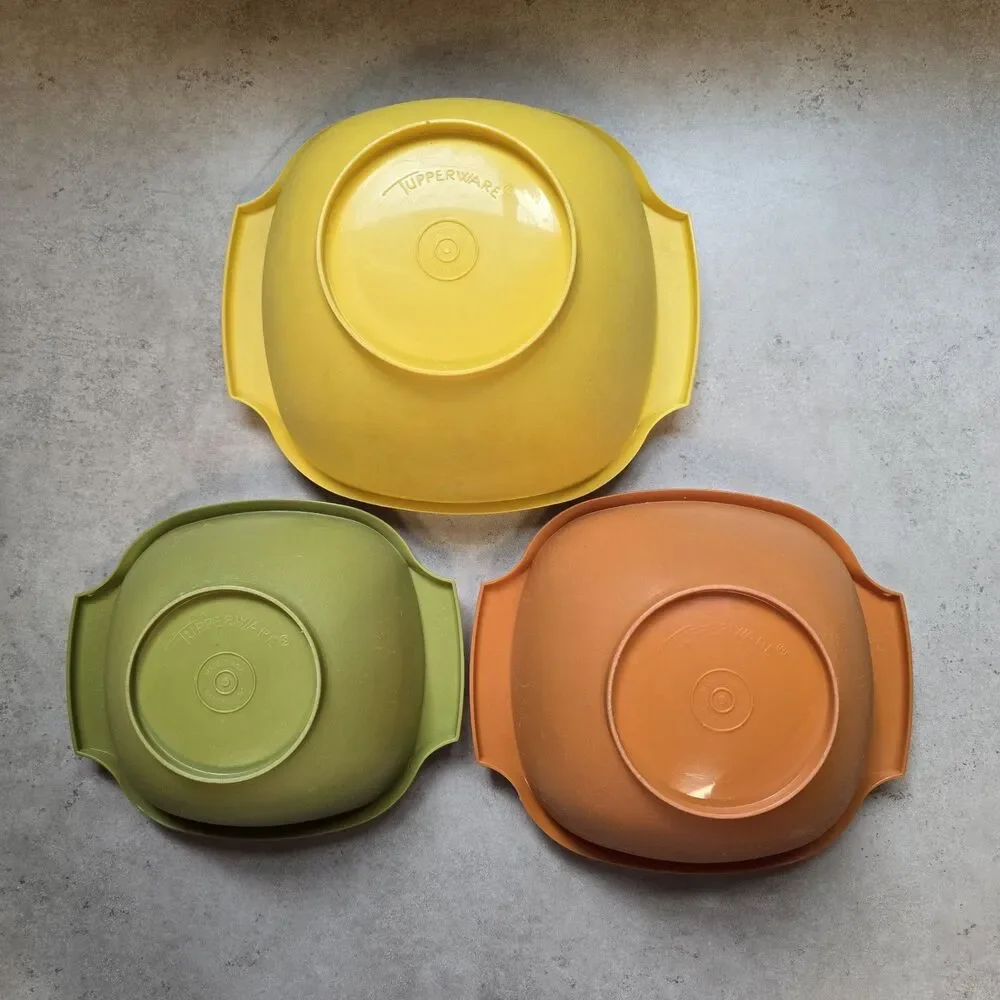 Tupperware Vintage Square Bowl & Lid Set 3pc Yellow Green Orange Plastic